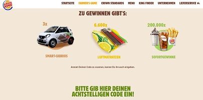 www.burgerking.de/farmersweeks, Burger King Code eingeben, GewinnspielBurger King Gewinnspiel